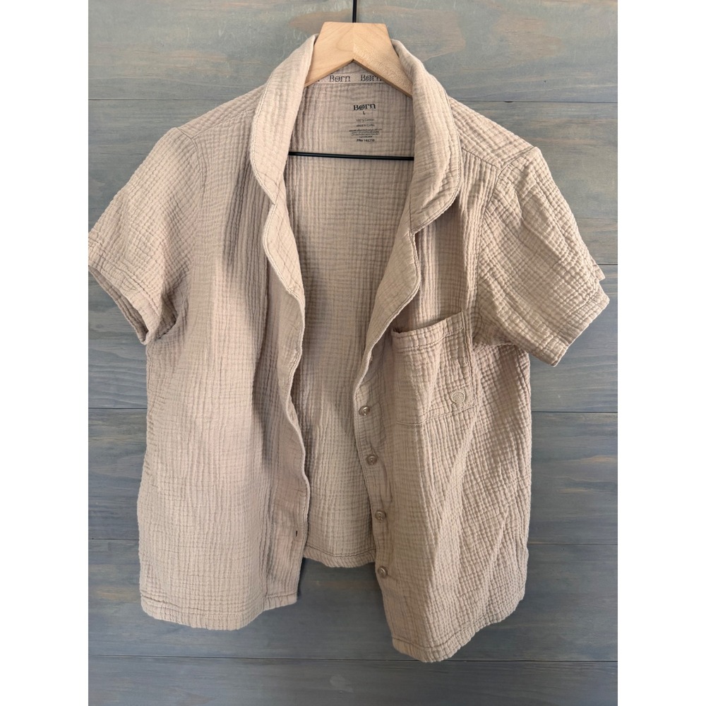 Born‎ Womens Beige 100% Cotton Crinkle Gauze Button Up Short Sleeve Shirt Large